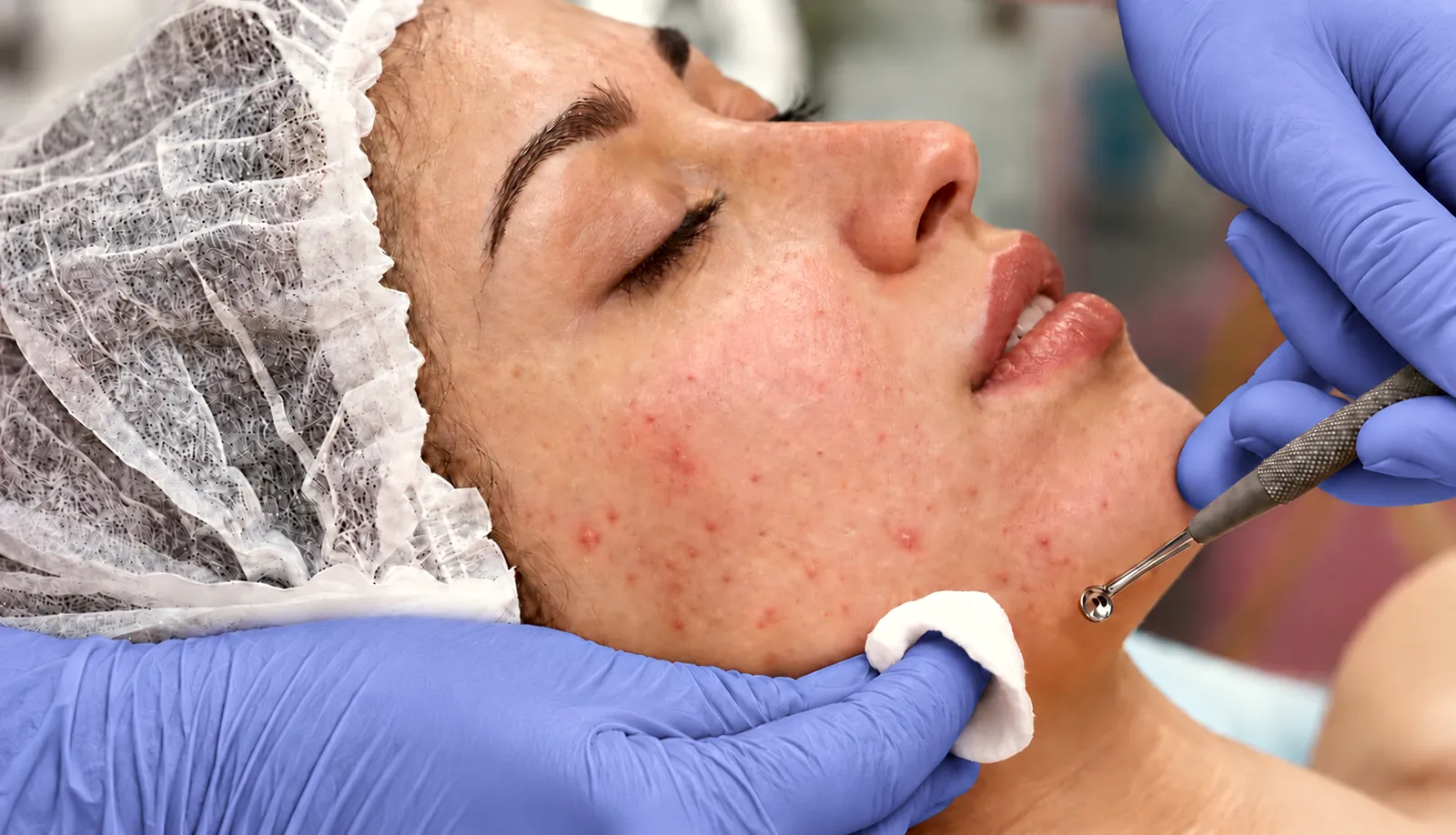 Gloved extraction tool along the jawline during an acne clearing facial