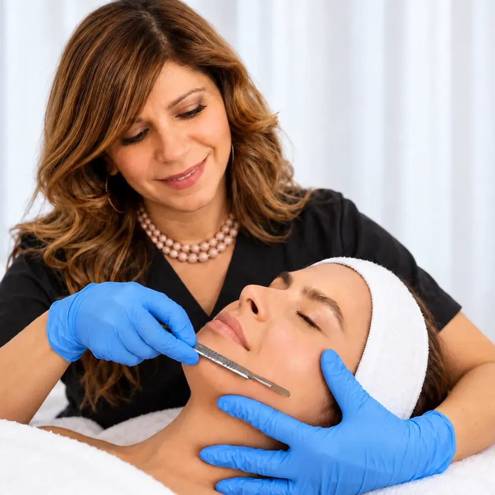 Elena dermaplaning a client's jawline
