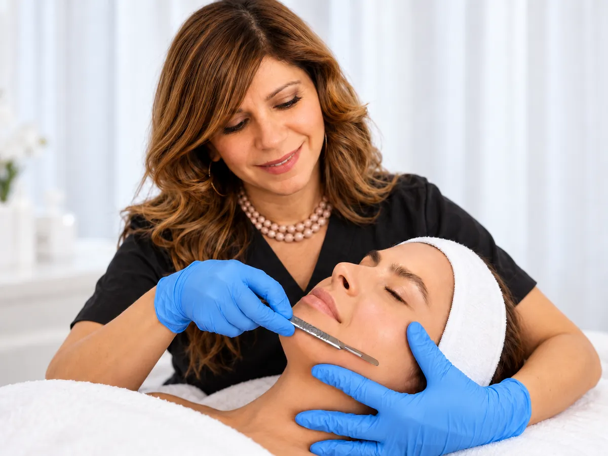 Elena dermaplaning a client's jawline with a sterile blade