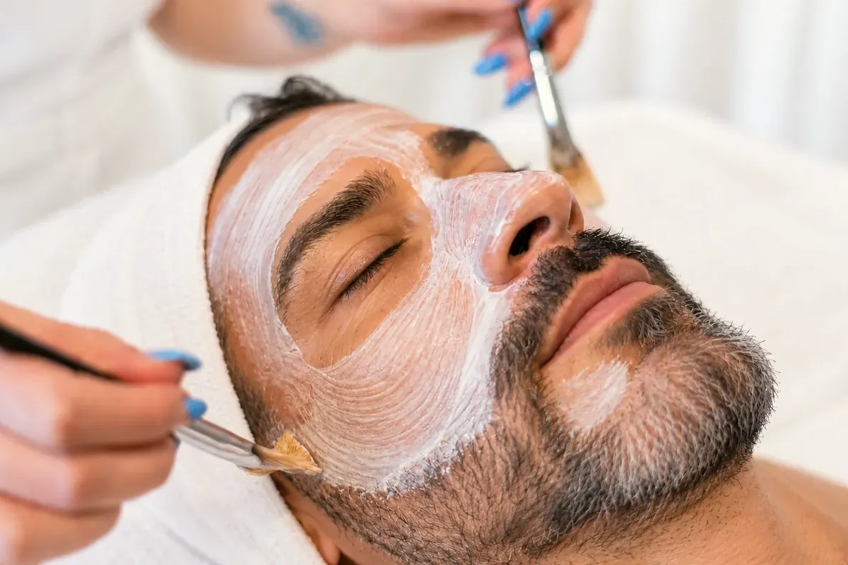 Masque brushed on during a gentlemans’ facial