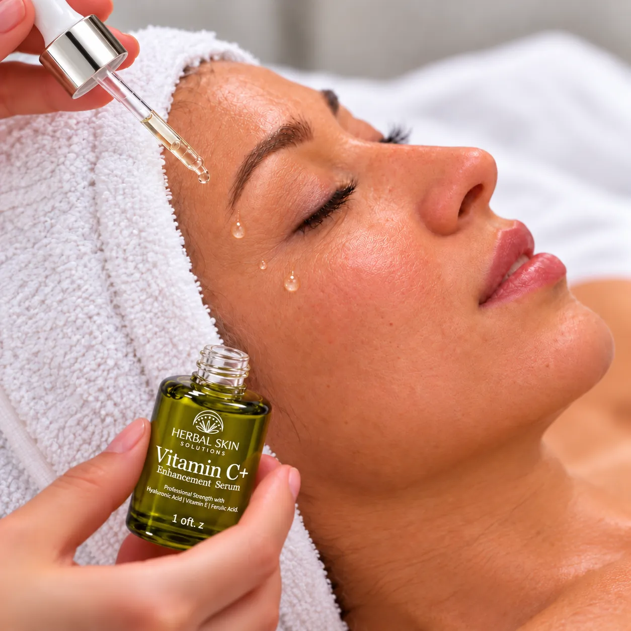 A dropper of vitamin C serum over a client in a towel wrap