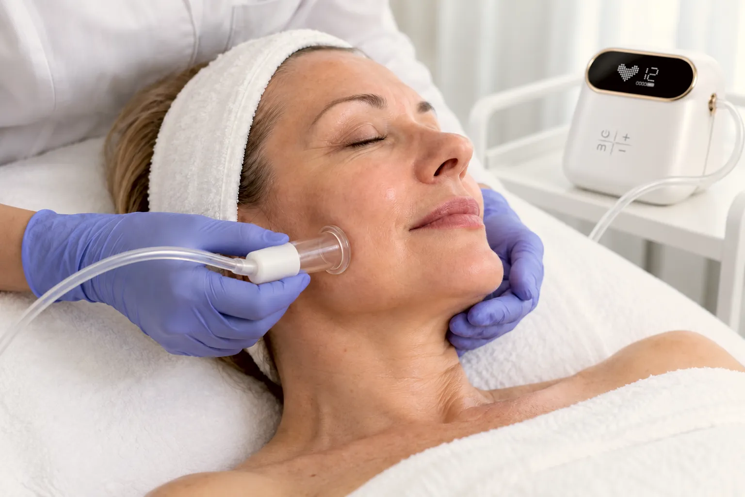 Facial cupping along the cheek during lymphatic drainage